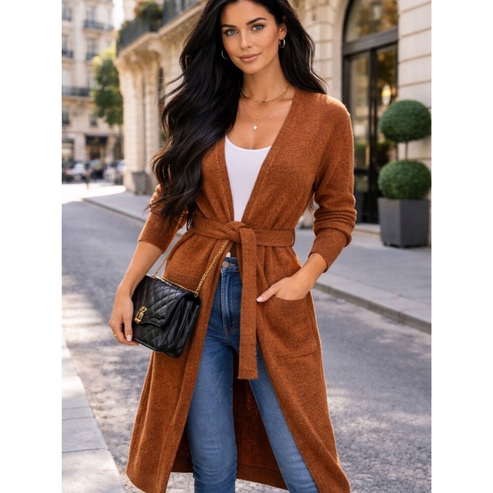 Line & Dot Belted Duster Cardigan Small Brown Bouclé Knit Long Sweater Coat Cozy